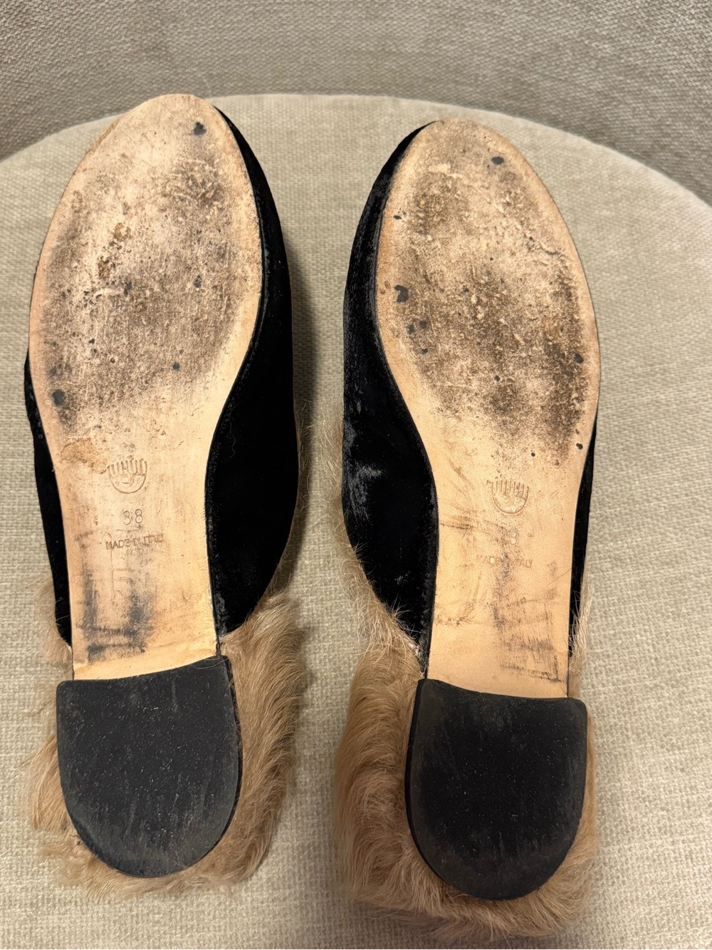 Chiara Ferragni Black Velvet Rhinestone Eye Fur-Lined Mule - Picture 3 of 6